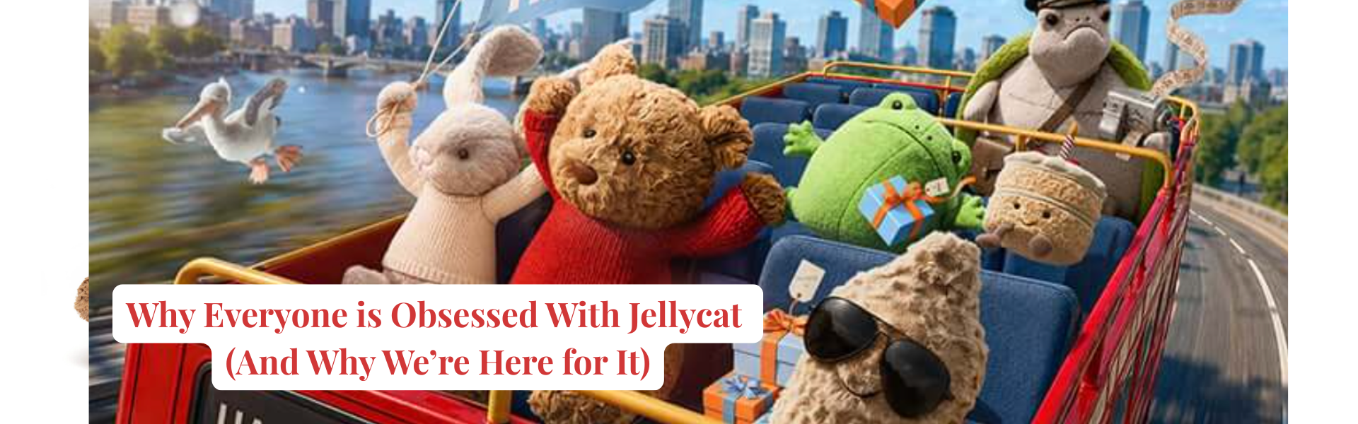 Jellycat plush toys on a joy ride.  Includes Bartholomew Bear, Bashful Bunny, Ricky Rain Frog, Peanut