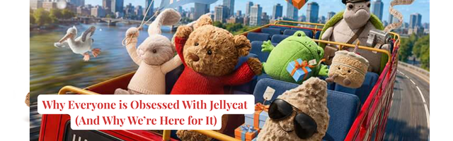 Jellycat plush toys on a joy ride.  Includes Bartholomew Bear, Bashful Bunny, Ricky Rain Frog, Peanut