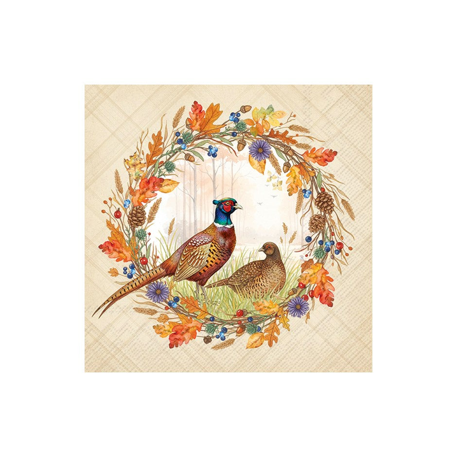 Pheasant Wreath Cream Cocktail Napkin
