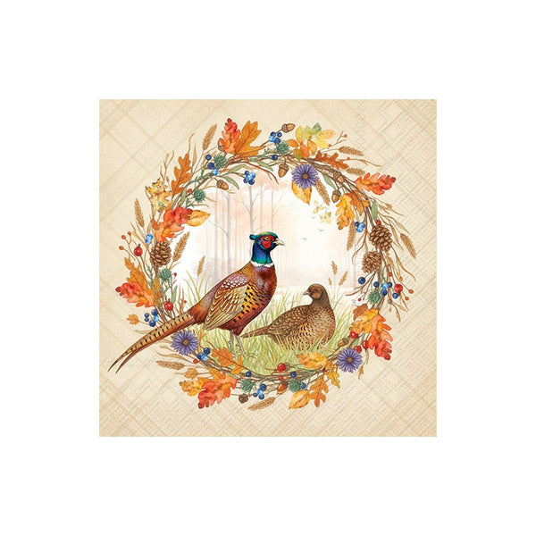 Pheasant Wreath Cream Cocktail Napkin