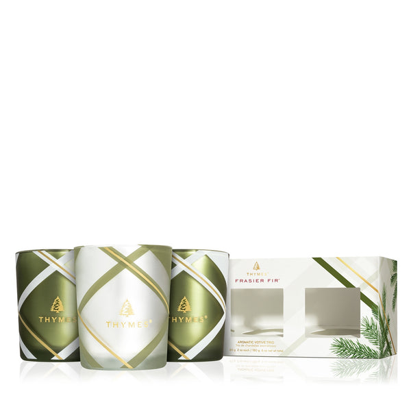 Thymes Frasier Fir Aromatic Votive Trio - Frosted Plaid